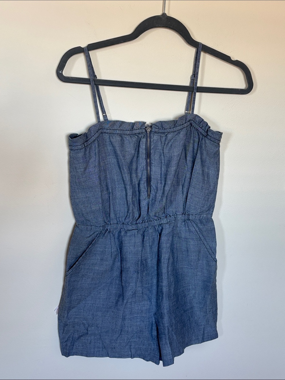Madewell Women’s Blue Chambray Romper Zipper Sleeveless Elastic XS Ramie Pull On